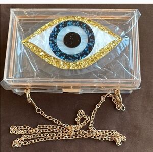 Clear Acrylic Evil Eye Clutch with Gold Chain